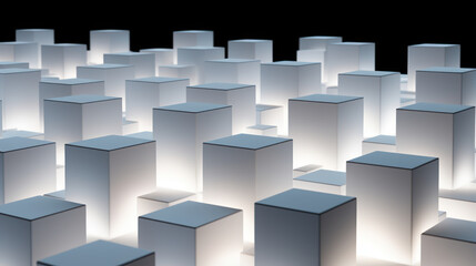 Collection of white cubes arranged randomly on a black background. Cubes background.
