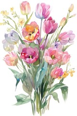 Watercolor Spring Bouquet with Tulips and Blooming Flowers on Greeting Card