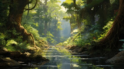 Obraz premium A tranquil stream winds through a dense jungle, sunlight filtering through the canopy and illuminating the water's surface.