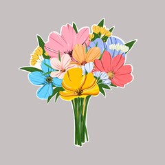 Sticker  beautiful bouquet of flowers leaves . Hand drawn greeting card.