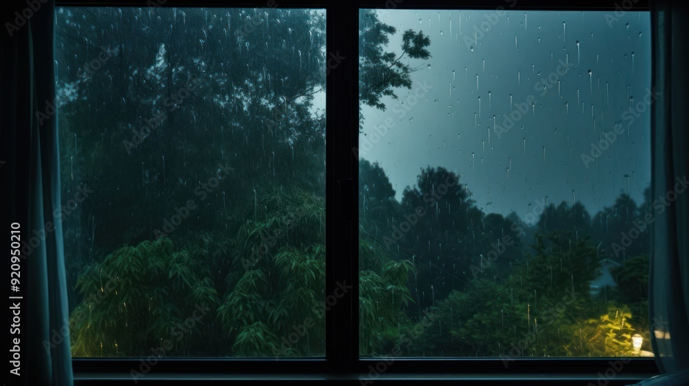 Poster a view of the rain from a window pane.