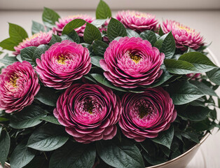 A bouquet of pink flowers with green leaves