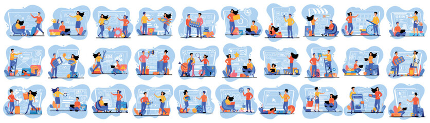 Bundle of stylish concepts with people scene in flat cartoon design. The topics of these illustrations include business, traveling, hobby, earning and more on a blue background. Vector illustration.