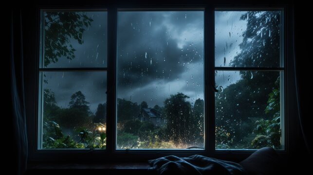 A view through a rain-streaked window at night, showing a dark, cloudy sky and a lush garden illuminated by street lights.