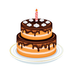 Two tier birthday cake with chocolate icing vector illustration. Chocolate cake with a candle drawing. Layer cake with chocolate glaze icon isolated on white background