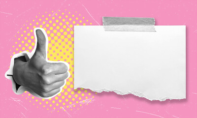 Female hand showing thumbs up gesture, on pink background, art collage, copy space.