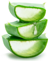 Aloe gel dropping from fresh cut of aloe vera leaf , macro shot isolated on white background. © volff