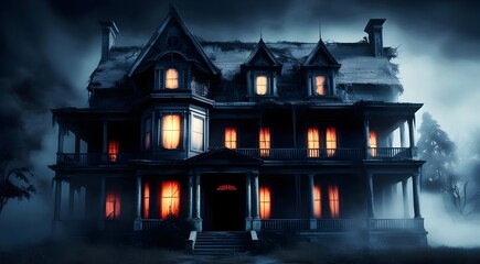 Obraz premium eerie haunted mansion with ghostly lights and fog