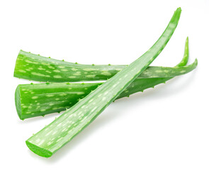 Fresh cuts of aloe Vera leaf covered with water drops isolated on white background.