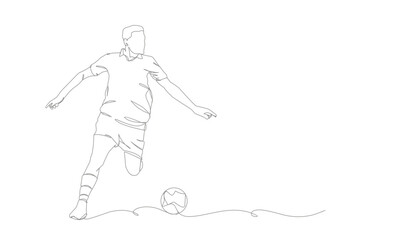 continuous line drawing of soccer player shooting vector illustration. Single one line art of young man playing soccer ball template.