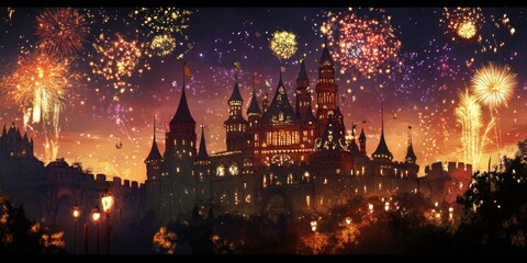 Fototapeta premium Enchanting Winter Wonderland: Snowy Christmas Eve in Animated Cityscape. Magical Night Scene with Illuminated Christmas Tree, Falling Snowflakes, and Festive Atmosphere. Vibrant Anime-Style Digital Ar