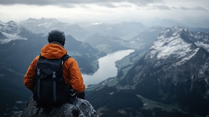 A hiker wearing an orange jacket and helmet, carrying a backpack, is seated on a cliff edge, gazing over a vast valley with a river winding through, depicting introspection and the grandeur of nature