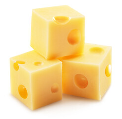 Emmental cheese cubes with holes on white background. File contains clipping path.