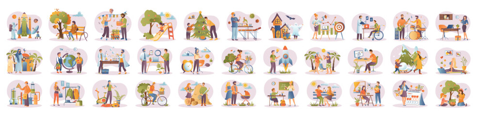 Mega set of gradient concepts with people scene in flat cartoon design. A massive collection of incredible illustrations of men and women in various situations. Vector illustration.