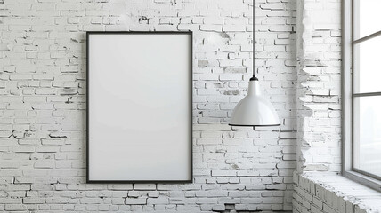 white blank poster frame mockup hanging on white brick wall.