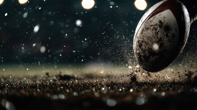 A close-up photo of a rugby ball hitting the wet, muddy ground under bright stadium lights, capturing the intensity and motion of the sport in challenging conditions.