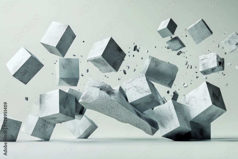 Poster an arrangement of geometric shapes and cubes is dynamically layered, creating an impactful visual ef