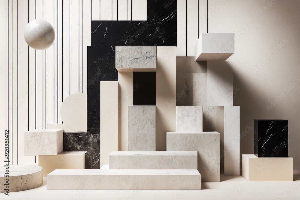 Poster geometric shapes and cubes in varied textures are layered dynamically, creating a visually engaging 