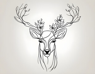 Abstract deer face with flowers by one line vector drawing. Portrait minimalistic style background