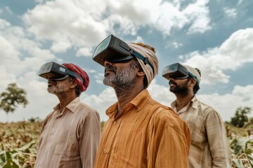 Farmers stand in a field wearing virtual reality glasses, exploring new technology with looks of curiosity against a backdrop of clouds