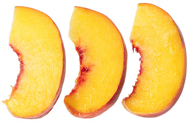 Ripe juicy peach slices isolated on white background. File contains clipping paths.