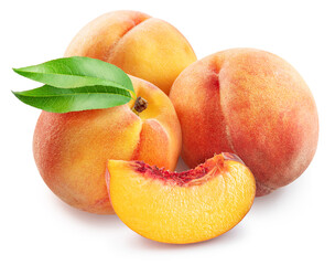Ripe red peaches with juicy peach slice and green leaf on white background. File contains clipping path..