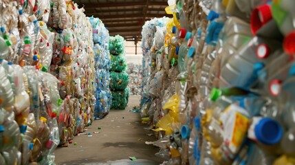 Obraz premium Plastic bottles at a waste recycling plant. Ecological cleaning. Plastic recycling plant. Waste processing and storage for further disposal. Recycling. Plastic bottles. Environmental protection. Eco