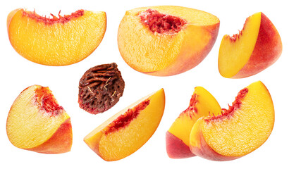 Set of ripe yellow juicy peach slices streaked with red isolated on white background. File contains...