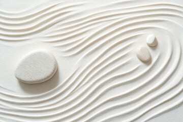 Experience the serenity of a Zen garden featuring intricate circle patterns in white sand and strategically positioned stones, promoting a peaceful environment