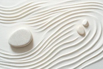 Selbstklebende Fototapeten Experience the serenity of a Zen garden featuring intricate circle patterns in white sand and strategically positioned stones, promoting a peaceful environment © Elmira