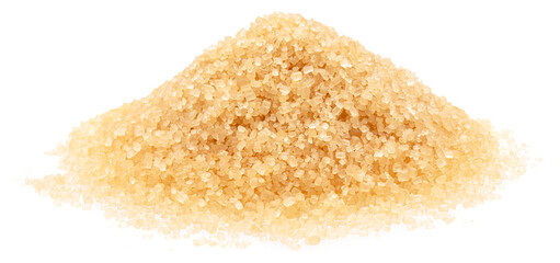 Heap of light brown cane sugar, isolated on white background.