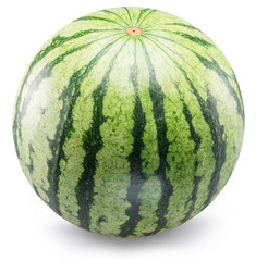 Round striped watermelon isolated on white background. Clipping path.