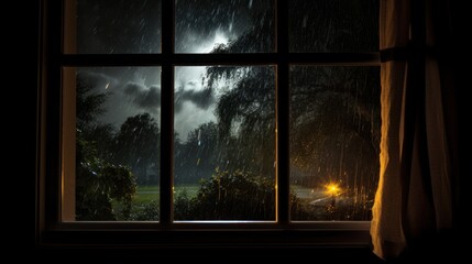 A window view of a stormy night with rain falling, a streetlight shining through the trees, and dark clouds overhead.
