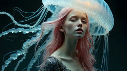 Young Woman with Flowing Pink Hair and Elegant Dress Posed Under a Luminous Jellyfish