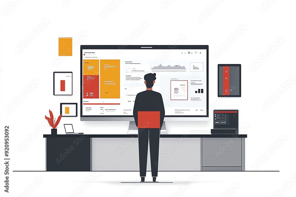 Poster Man Analyzing Data on Computer Screen.
