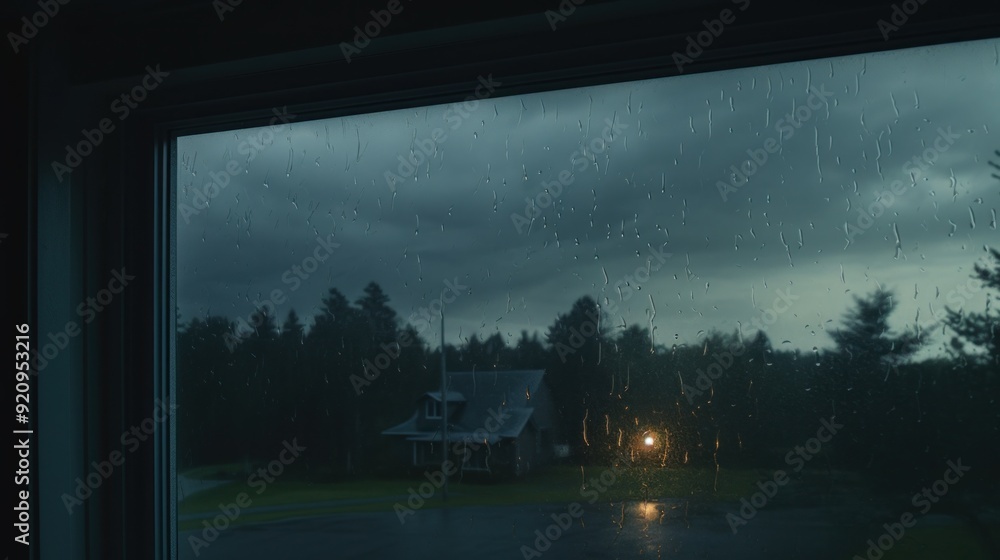 Poster a window with raindrops on a cloudy day with a house in the distance.