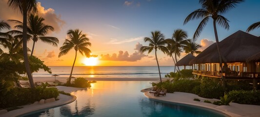 sunrise at a caribbean coast real estate beach resort with tropical palms