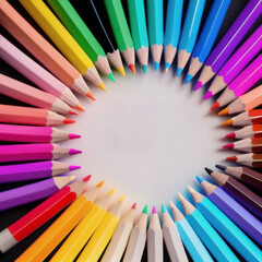 Colored pencils on white backgound. Back to school concept. Stationery composition.