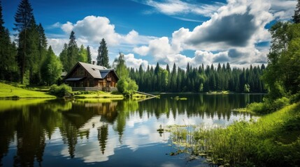 Fototapeta premium A wooden cabin nestled on the shore of a tranquil lake surrounded by lush greenery and tall trees. The serene blue sky is adorned with fluffy white clouds.