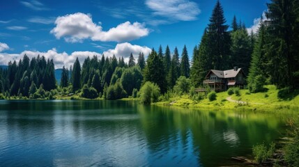 Fototapeta premium A wooden cabin sits on a grassy bank overlooking a still lake surrounded by a lush forest.