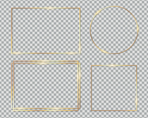 Shiny golden frames on transparent background. Luxury golden square and round frame borders for invitation cards of wedding. Vector illustration