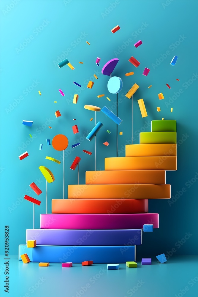Poster abstract colorful staircase with floating shapes.