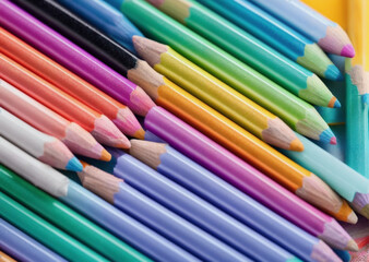 Colored pencils. Back to school concept. Stationery composition.