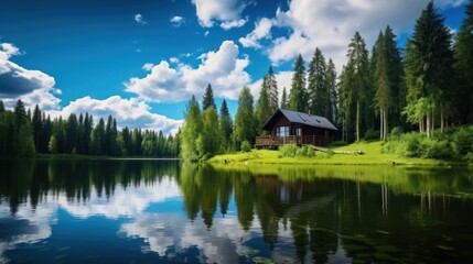 Obraz premium A wooden cabin sits on the edge of a tranquil lake surrounded by a lush forest with a clear blue sky and white puffy clouds. The cabin's reflection is visible in the water.