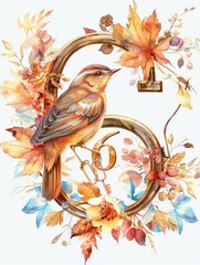 Whimsical Watercolor Illustration of Autumn Bird and Golden Keys with Number Six