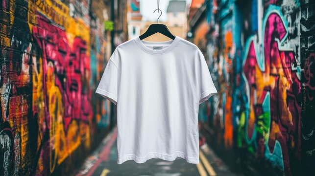 A white T-shirt hangs on a hanger against a backdrop of graffiti and a cityscape.