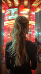 Obraz premium Dreamy Portrait of a Blonde Girl in Front of Sparkling Carousel Lights