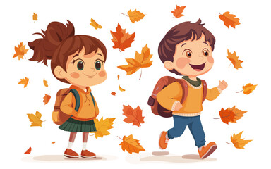 Boy and girl, primary school students. Autumn leaves around.