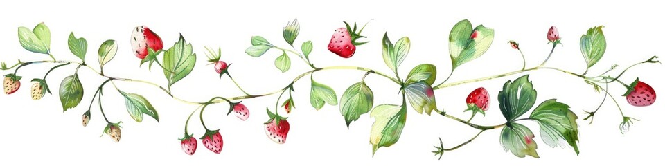 Wild Strawberry Field Border. Watercolor Clipart with Greenery and Pink Flowers