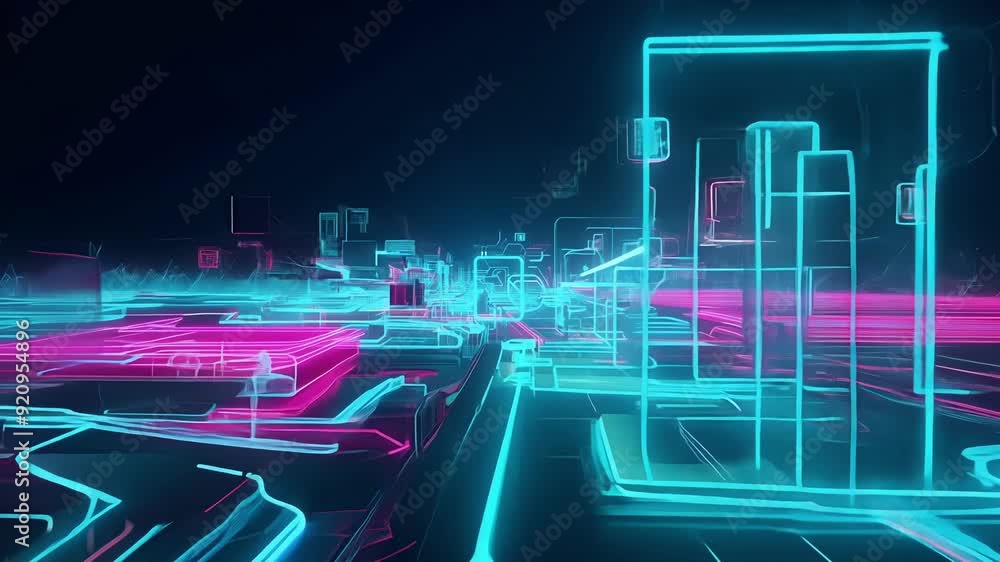 Poster a dynamic journey through an illuminated urban environment filled with vibrant neon colors and digit